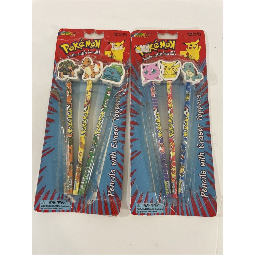 6 Pencils With Eraser Toppers Vintage 1999 Pokémon Gotta Catch 'em All! Rose Art